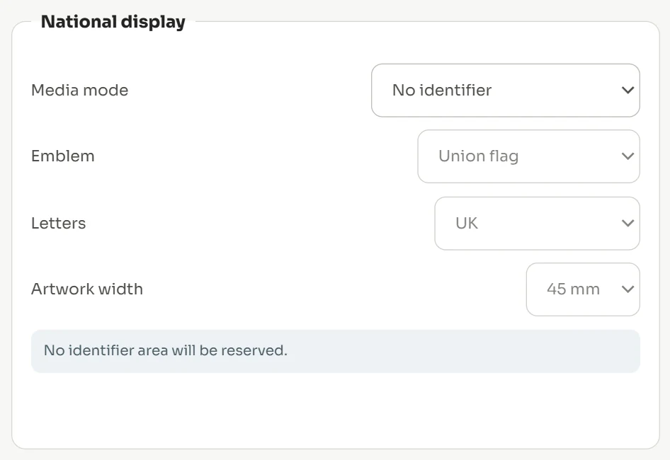 The National display panel: media mode, emblem, letters and artwork width, with a note that no identifier area will be reserved.