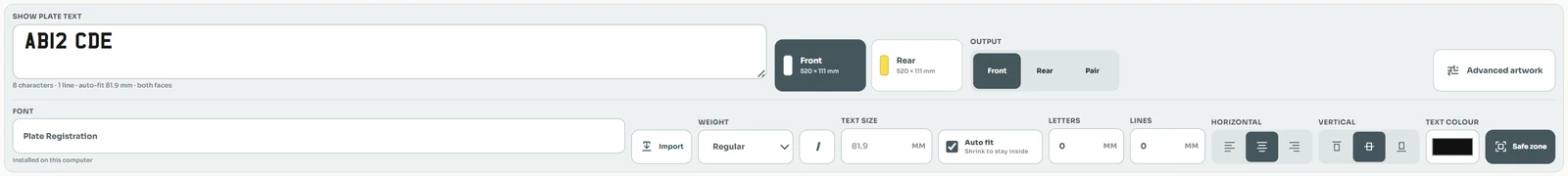 The Show Plate controls: the text field, front, rear and pair output buttons, font selection, weight, text size, auto fit, letter and line spacing, alignment and text colour.