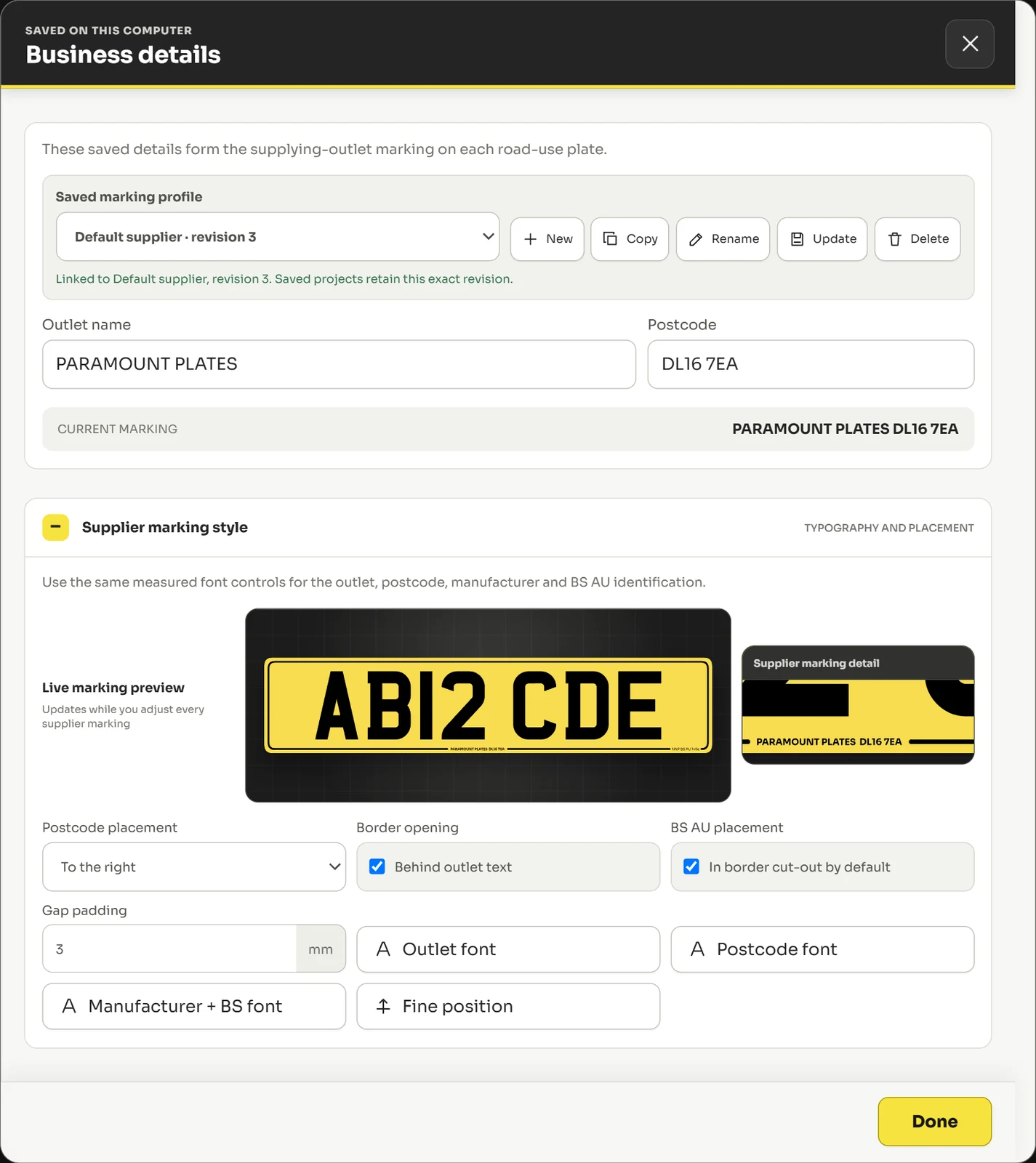The Business details dialog with the saved marking profile, outlet name and postcode fields, the current marking line, and the supplier marking style panel open showing a live marking preview.