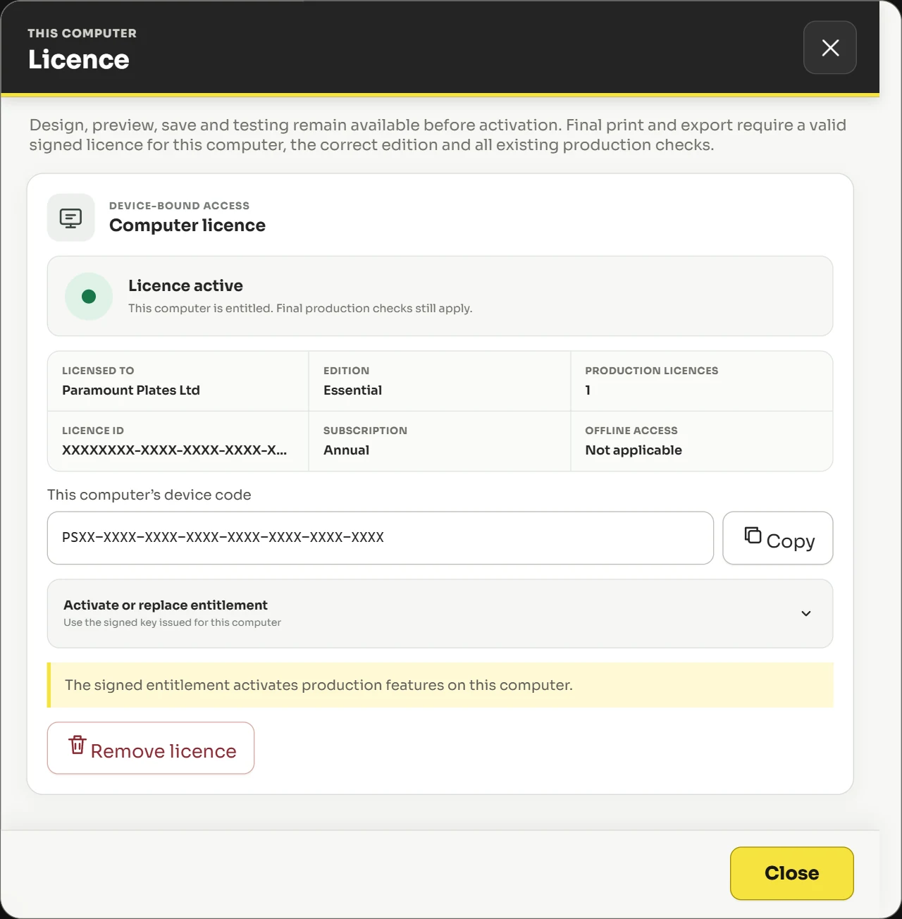 The Licence dialog showing the computer licence panel: licence active, licensed to, edition, production licences, licence ID, subscription, offline access, and this computer’s device code.