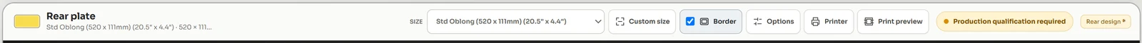 The road plate toolbar showing the plate face and dimensions on the left and the size list, preview size, border, options, printer and print preview controls on the right.