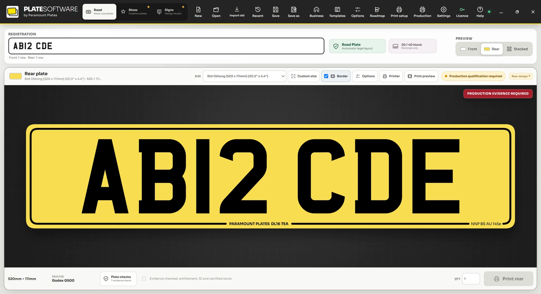 The Plate Software road plate designer showing a standard oblong yellow rear plate reading AB12 CDE, with the supplier marking along the bottom edge and a banner reading Production evidence required.