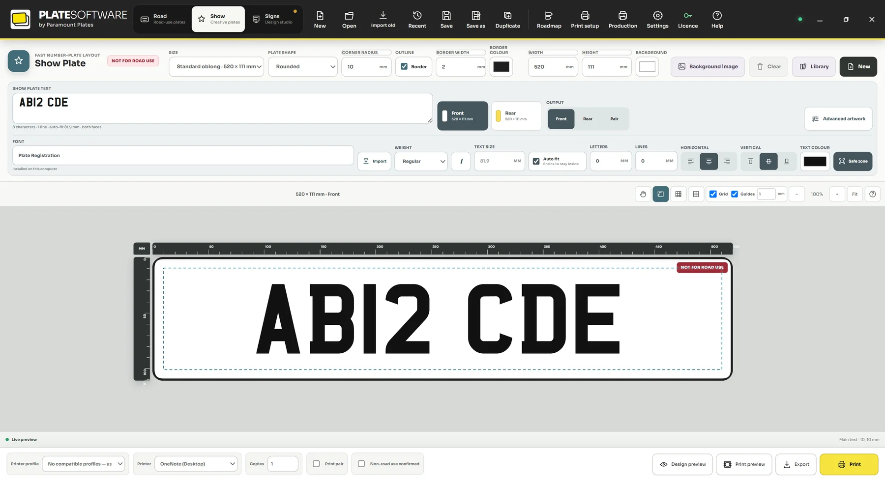 The Show Plate workspace with size, shape, border, text and font controls across the top and a single-line show plate reading AB12 CDE on the canvas.