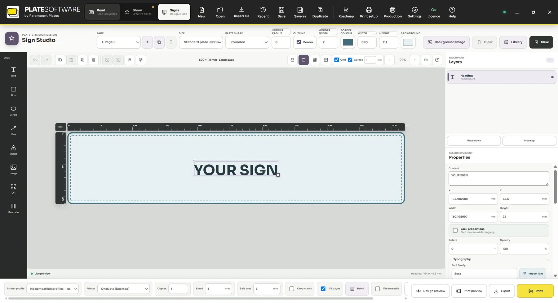 The Sign Studio design surface with a tool rail, rulers around the canvas, and layers and properties panels.